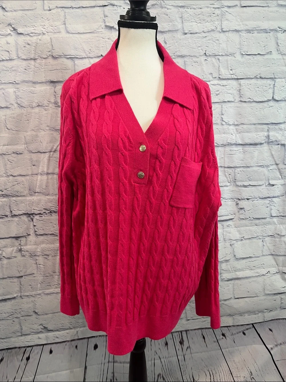 Talbots Johnny Collar Cable Knit Sweater Polo Gold Buttons Plus Size 3X Pink